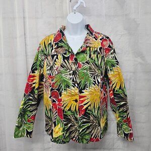 Chico's Red Black Jacket Tropical Trucker Beach Island 3 (XL)